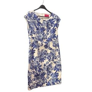 Together Blue White Floral‎ Cotton Sheath Dress Womens Size 14 Sleeveless Knee